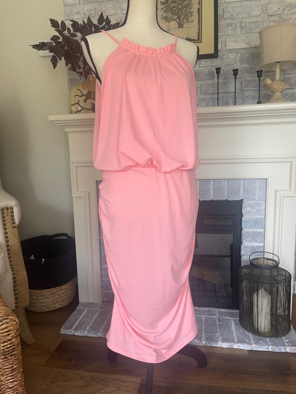 Grace Karin Melon Halter Dress Adjustable Tie Ruched Sides Sift Fabric Size XL
